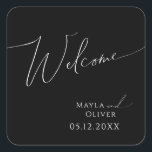 Whimsical Minimalist Script Black Wedding Welcome Square Sticker<br><div class="desc">This whimsical minimalist script black wedding welcome square sticker is perfect for your classic simple black and white minimal modern boho wedding. The design features elegant, delicate, and romantic handwritten calligraphy lettering with formal shabby chic typography. The look will go well with any wedding season: spring, summer, fall, or winter!...</div>