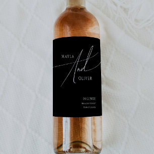 Whimsical Minimalist Script   Black Wedding  Wine Label