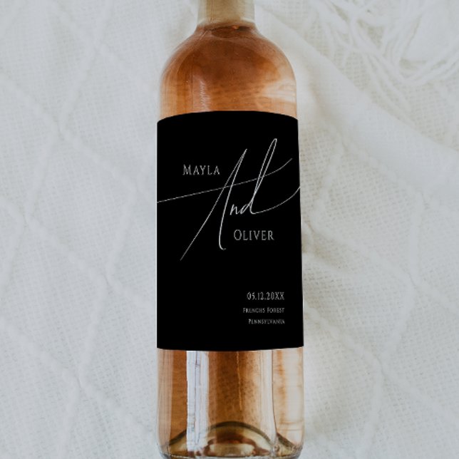 Whimsical Minimalist Script | Black Wedding  Wine Label (Creator Uploaded)