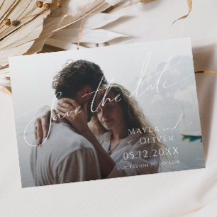 Whimsical Minimalist Script Horizontal Faded Photo Save The Date