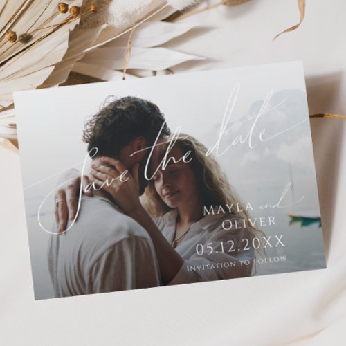 Whimsical Minimalist Script Horizontal Faded Photo Save The Date