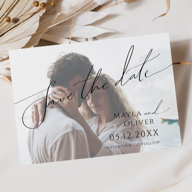 Whimsical Minimalist Script Light Faded Photo Save The Date (Creator Uploaded)