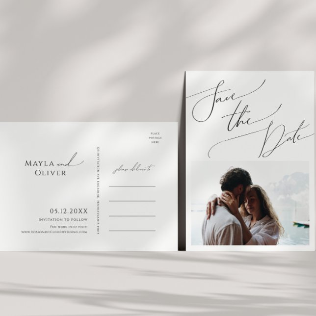 Whimsical Minimalist Script Photo Save The Date Invitation Postcard (Creator Uploaded)