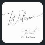 Whimsical Minimalist Script | Wedding Welcome Square Sticker<br><div class="desc">This whimsical minimalist script | wedding welcome square sticker is perfect for your classic simple black and white minimal modern boho wedding. The design features elegant, delicate, and romantic handwritten calligraphy lettering with formal shabby chic typography. The look will go well with any wedding season: spring, summer, fall, or winter!...</div>