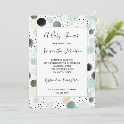 Whimsical Mint Black Cream Dots Baby Shower Invitation