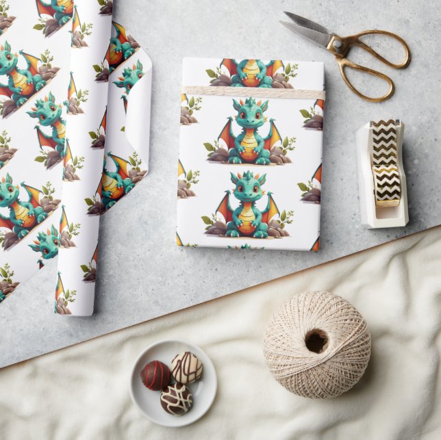 Whimsical Mint Green Baby Dragon Wrapping Paper (Crafts)