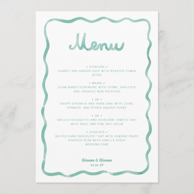 Whimsical Mint Green White Wavy Frame Wedding Menu (Front)