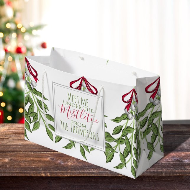 Whimsical Mistletoe Merry Christmas Large Gift Bag (Christmas Merry Mistletoe holiday large gift bag with whimsy typography.)