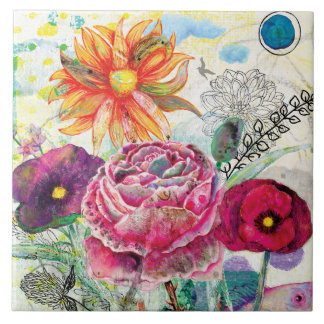 Whimsical mixed media collage art ceramic tile
