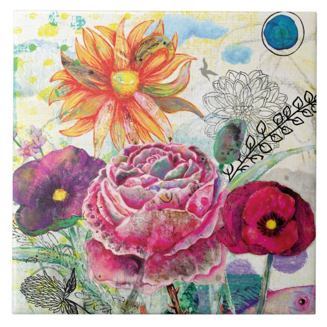 Whimsical mixed media collage art ceramic tile (Front)
