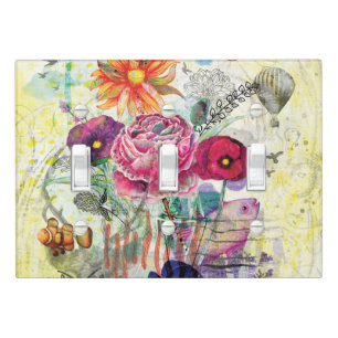 Whimsical mixed media collage art light switch cover