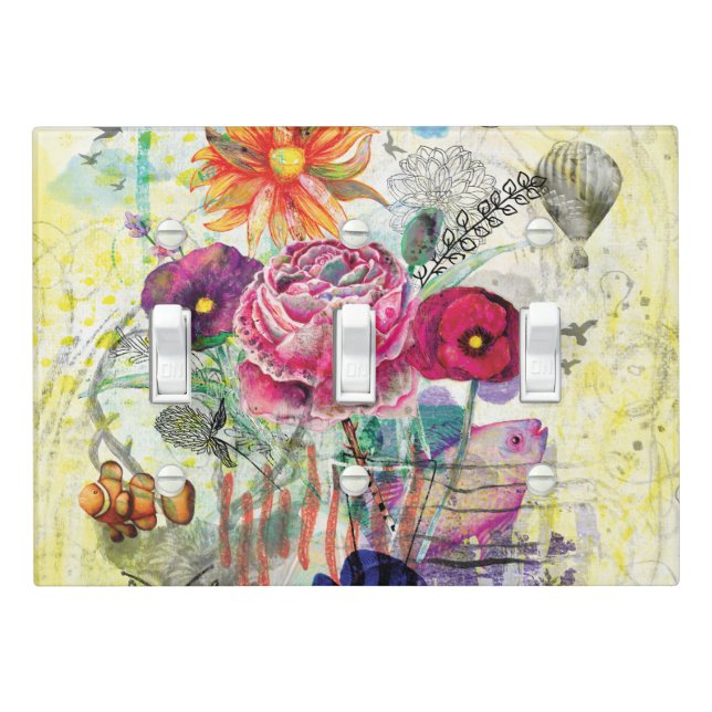 Whimsical mixed media collage art light switch cover (In Situ)