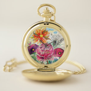 Whimsical mixed media collage art pocket watch
