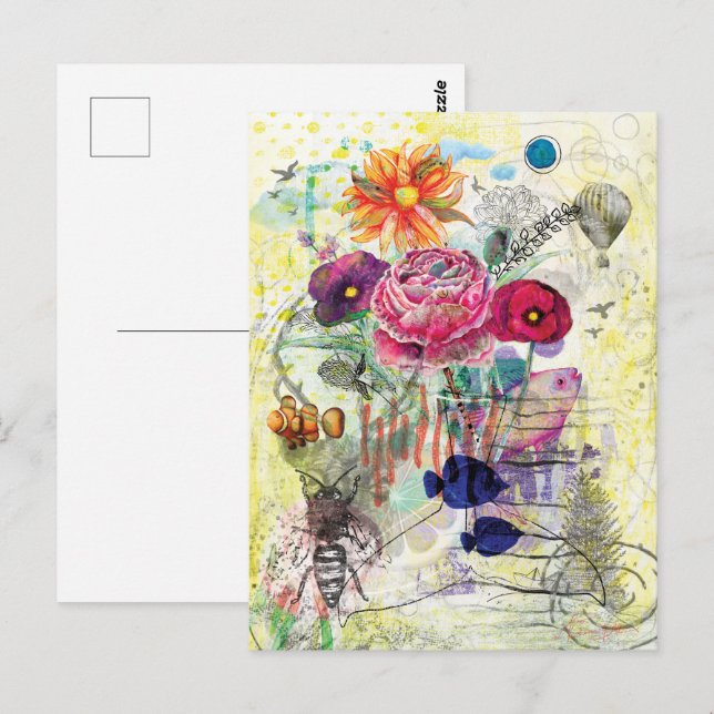Whimsical mixed media collage art  postcard (Front/Back)