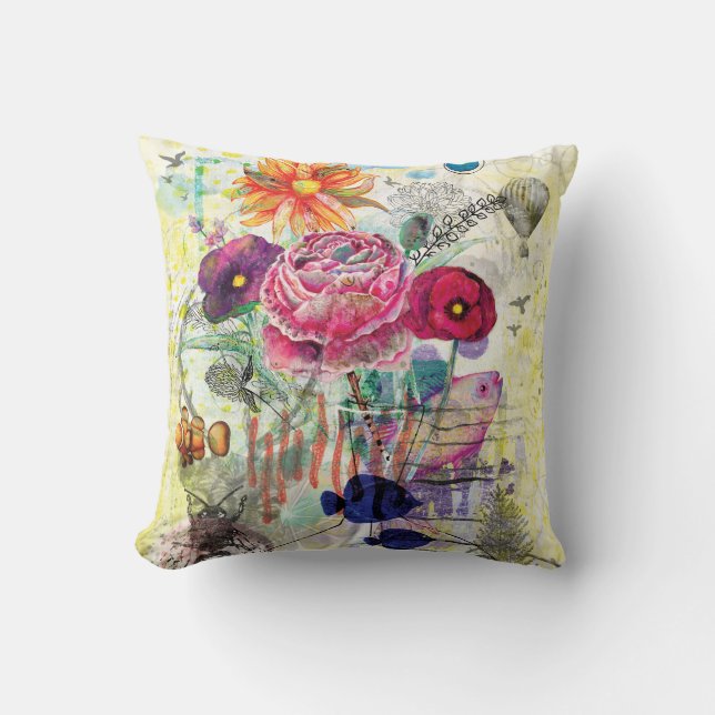 Whimsical mixed media collage art throw pillow (Front)