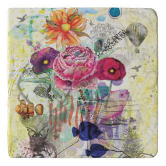 Whimsical mixed media collage art trivet