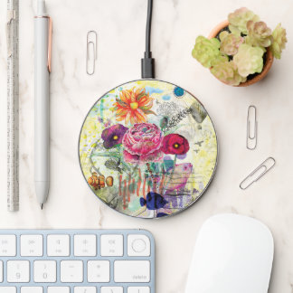 Whimsical mixed media collage art wireless charger