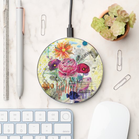 Whimsical mixed media collage art wireless charger (Desk)