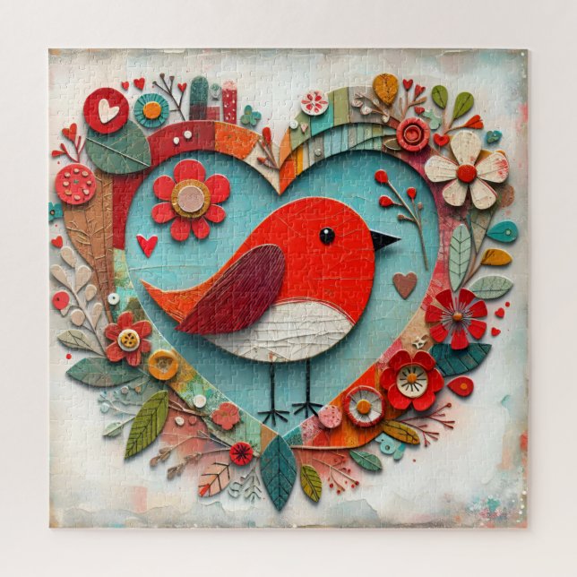 Whimsical mixed media Red Robin Bird Heart Jigsaw Puzzle (Vertical)