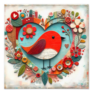 Whimsical mixed media Red Robin Bird Heart Photo Print