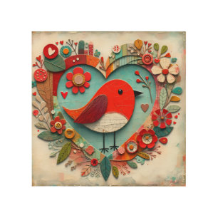 Whimsical mixed media Red Robin Bird Heart Wood Wall Art