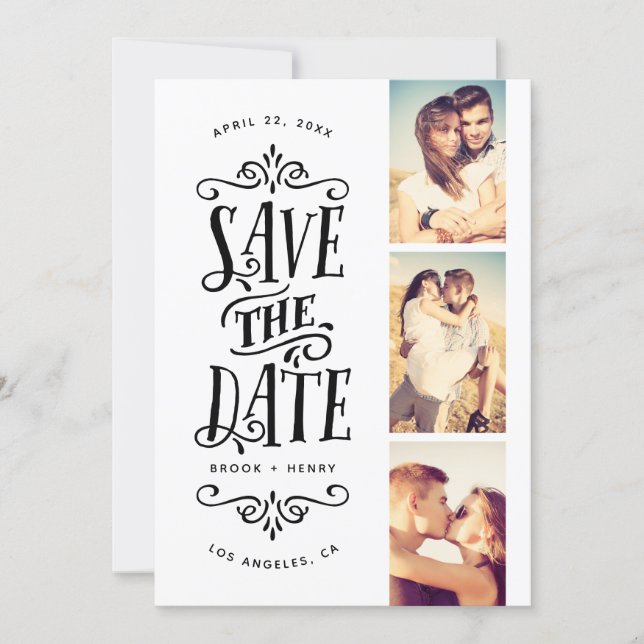 Whimsical Mod 3-Photo Save The Date | Black (Front)