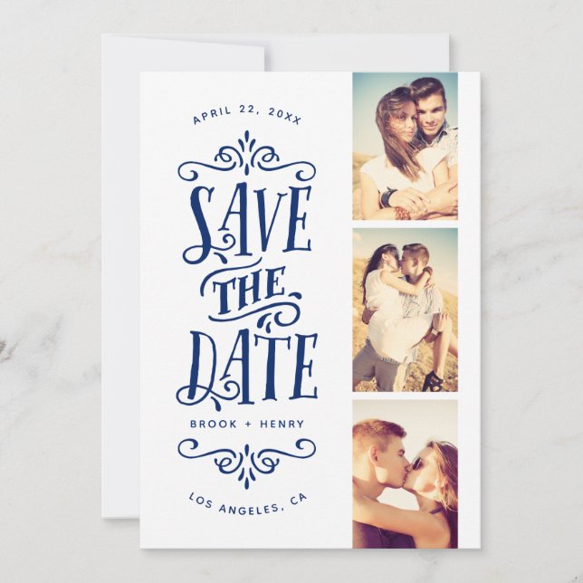 Whimsical Mod 3-Photo Save The Date | Navy (Front)