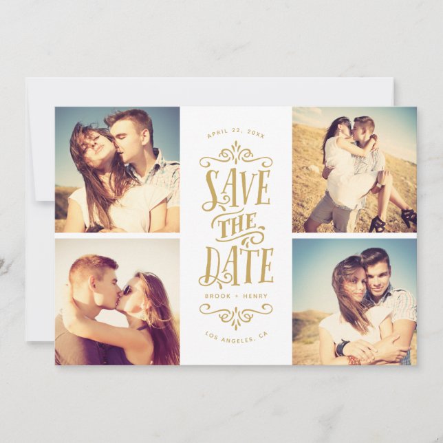 Whimsical Mod 4-Photo Save The Date | Gold (Front)