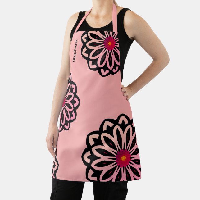 Whimsical Mod Flowers In Pink Hues Custom Text Apron (Insitu)
