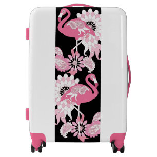 Whimsical Modern Black Pink Flamingo Luggage