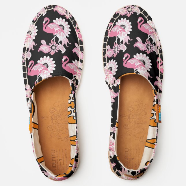 Whimsical Modern Black Pink Flamingo Pattern Espadrilles (Front)