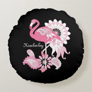 Whimsical Modern Black Pink Flamingo Round Pillow