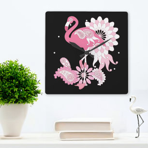 Whimsical Modern Black Pink Flamingo Square Wall Clock
