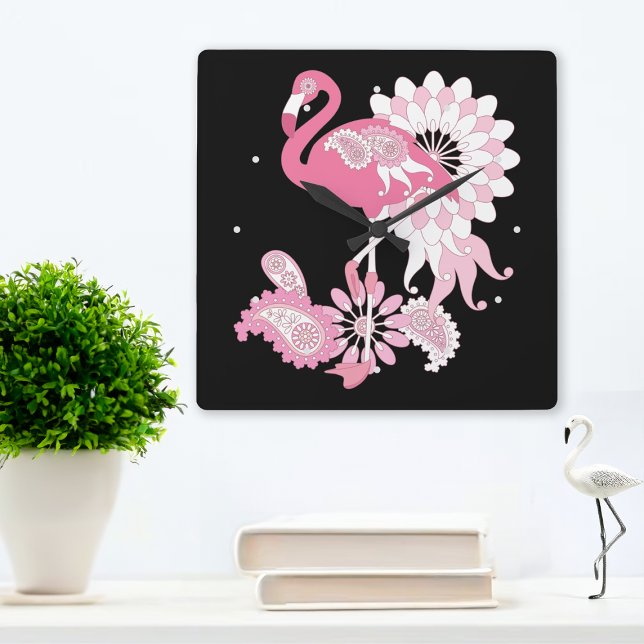 Whimsical Modern Black Pink Flamingo Square Wall Clock (Creator Uploaded)