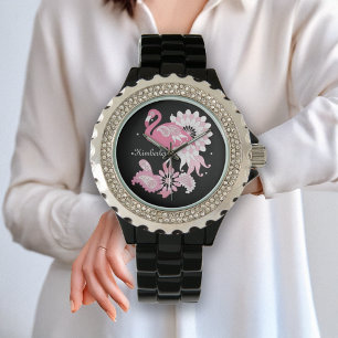 Whimsical Modern Black Pink Flamingo Watch