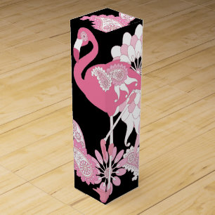 Whimsical Modern Black Pink Flamingo Wine Box