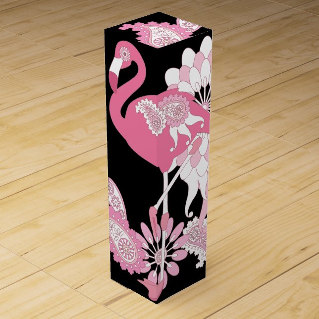 Whimsical Modern Black Pink Flamingo Wine Box (Front)