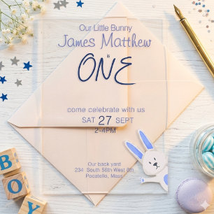 Whimsical Modern Blue Bunny 1st Birthday Acrylic Invitations