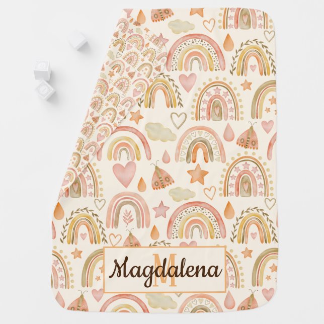 Whimsical Modern Boho Rainbow Butterflies Monogram Baby Blanket (In Situ)