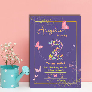Whimsical modern butterfly purple 2nd birthday invitation