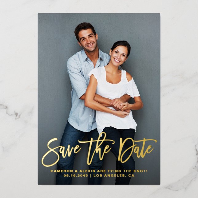 Whimsical Modern Calligraphy Save the Date Photo  Foil Invitation (Front)