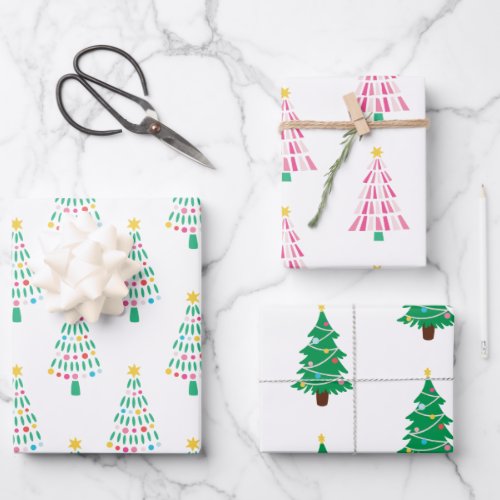 Whimsical Modern Christmas Tree Set of 3 Wrapping Paper Sheets