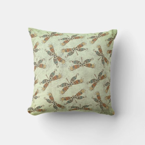 Whimsical Modern Dragonfly Pattern On Sage Green Throw Pillow