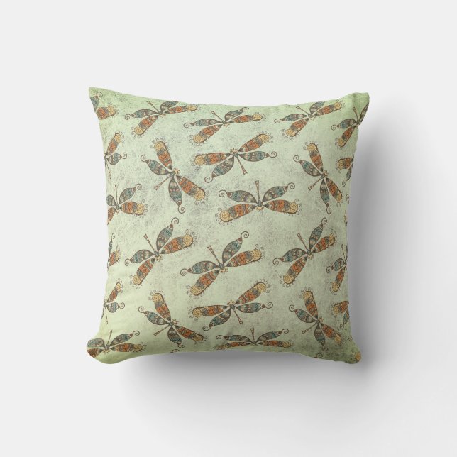 Whimsical Modern Dragonfly Pattern On Sage Green Throw Pillow (Front)