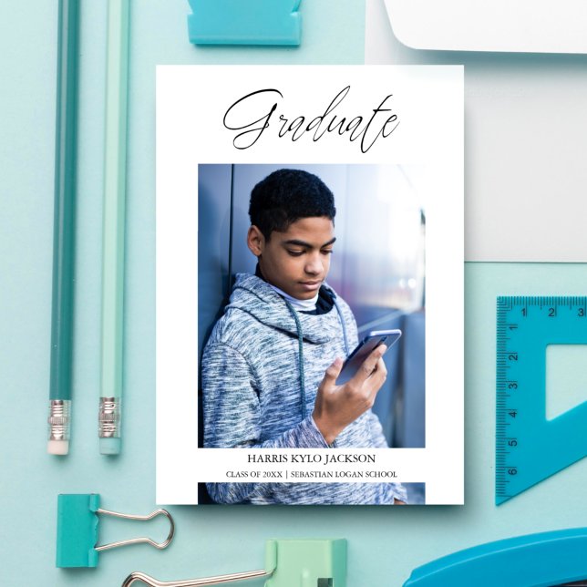 Whimsical Modern Graduation Calligraphy Photo Invitation (Creator Uploaded)