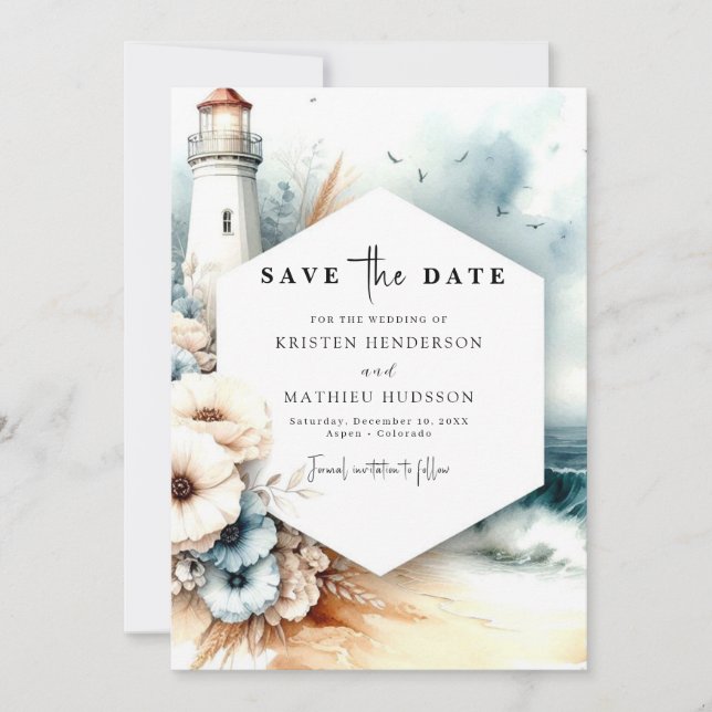 Whimsical Modern Lighthouse Wedding Save The Date (Front)