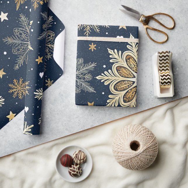 Whimsical Modern Navy Gold Snowflakes & Hearts Wrapping Paper (Crafts)