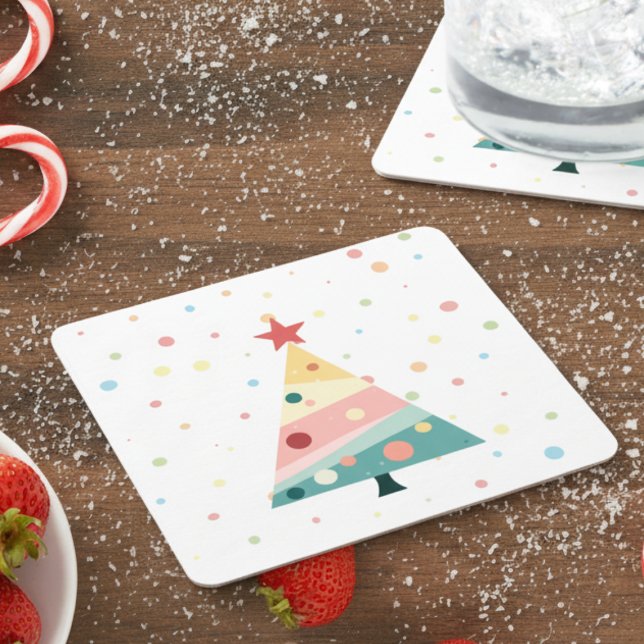 Whimsical Modern Pastel Polka Dot Christmas Beverage Coaster (Pastel color polka dot Christmas tree drink coaster)