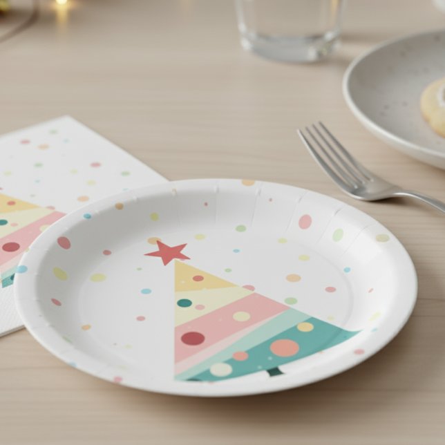 Whimsical Modern Pastel Polka Dot Christmas Paper Plates (Pastel color polka dot Christmas tree paper plate)