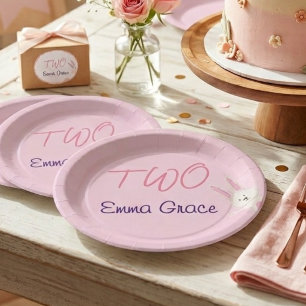 Whimsical Modern Pink Bunny 2nd Birthday Paper Plates